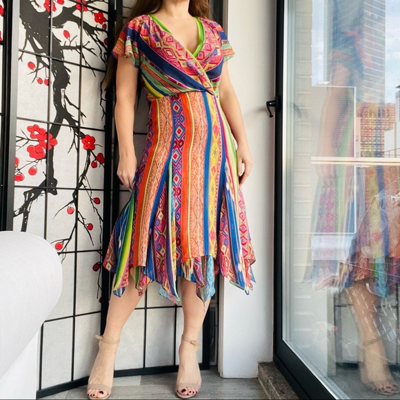 🚢Polo Ralph Lauren Multicolored Printed Silk Asymmetric Hem Detail Dress Tribal - Picture 7 of 17